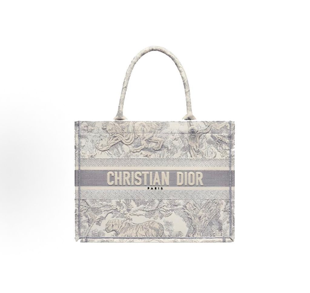 Dior Medium Book Tote M1296ZTDT M932 Gray Toile de Jouy tiger embroidery Dior Book Tote Gray Toile de Jouy M1296ZTDT M932 embroidered canvas tote bag Dior M1296ZTDT M932 Gray tiger botanical embroidery Medium Book Tote