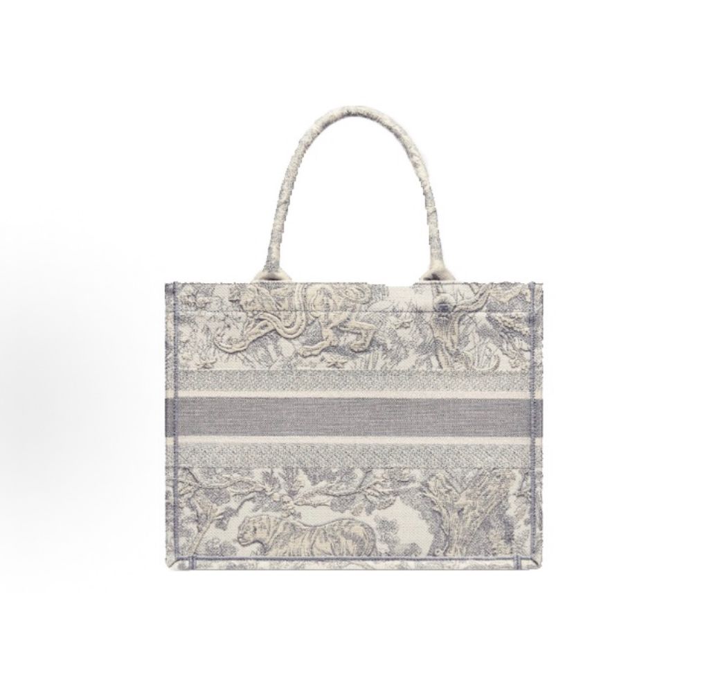 Dior Medium Book Tote M1296ZTDT M932 Gray Toile de Jouy tiger embroidery Dior Book Tote Gray Toile de Jouy M1296ZTDT M932 embroidered canvas tote bag Dior M1296ZTDT M932 Gray tiger botanical embroidery Medium Book Tote