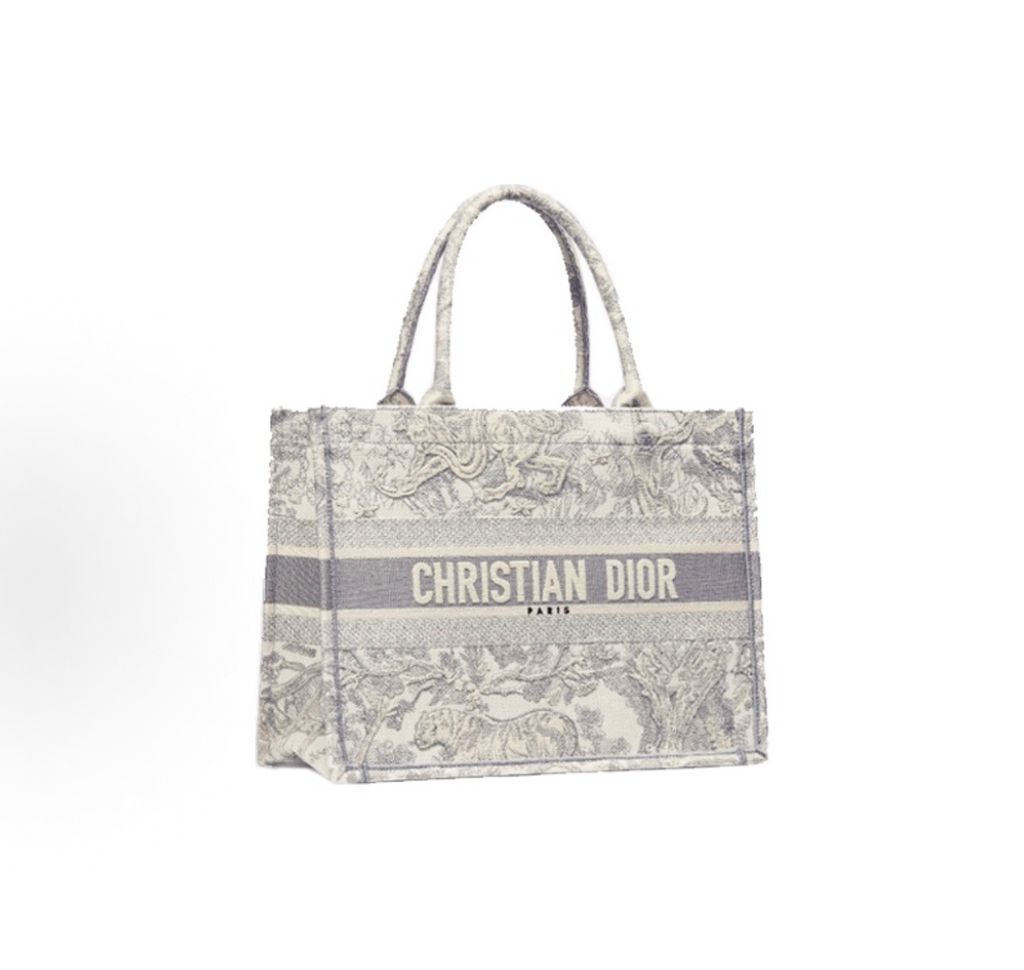Dior Medium Book Tote M1296ZTDT M932 Gray Toile de Jouy tiger embroidery Dior Book Tote Gray Toile de Jouy M1296ZTDT M932 embroidered canvas tote bag Dior M1296ZTDT M932 Gray tiger botanical embroidery Medium Book Tote