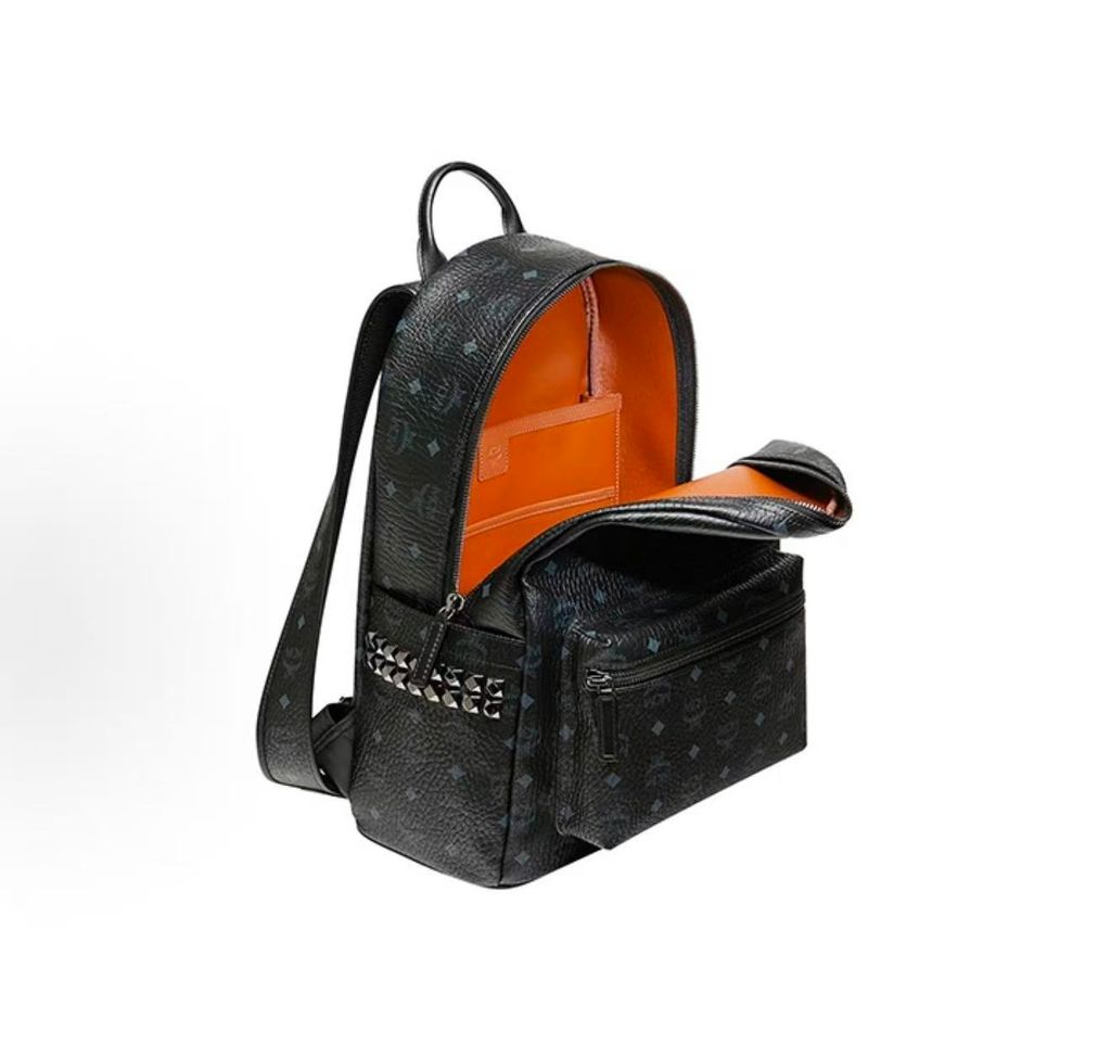 MCM Stark Side Studs Backpack MMK6SVE38BK001 Black Visetos medium MCM MMK6SVE38BK001 Black Visetos monogram Nappa leather studded backpack MCM Stark Medium Black backpack dark silver studs 13 inch laptop sleeve