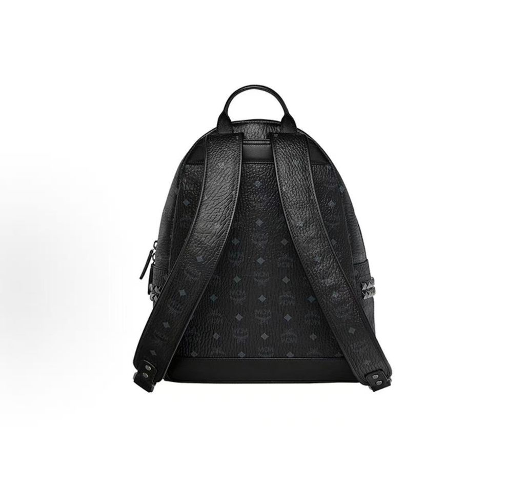 MCM Stark Side Studs Backpack MMK6SVE38BK001 Black Visetos medium MCM MMK6SVE38BK001 Black Visetos monogram Nappa leather studded backpack MCM Stark Medium Black backpack dark silver studs 13 inch laptop sleeve