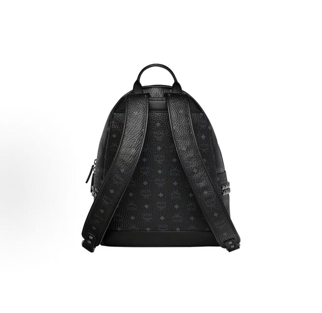 MCM Stark Side Studs Backpack MMK6SVE38BK001 Black Visetos medium MCM MMK6SVE38BK001 Black Visetos monogram Nappa leather studded backpack MCM Stark Medium Black backpack dark silver studs 13 inch laptop sleeve