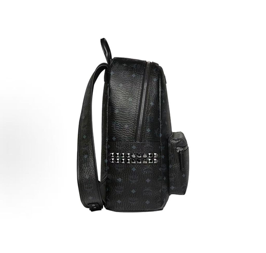 MCM Stark Side Studs Backpack MMK6SVE38BK001 Black Visetos medium MCM MMK6SVE38BK001 Black Visetos monogram Nappa leather studded backpack MCM Stark Medium Black backpack dark silver studs 13 inch laptop sleeve