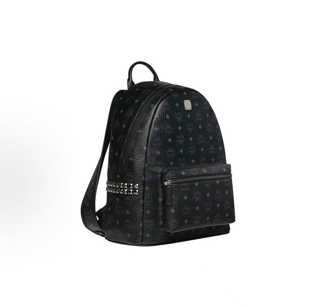 MCM Stark Side Studs Backpack MMK6SVE38BK001 Black Visetos medium MCM MMK6SVE38BK001 Black Visetos monogram Nappa leather studded backpack MCM Stark Medium Black backpack dark silver studs 13 inch laptop sleeve