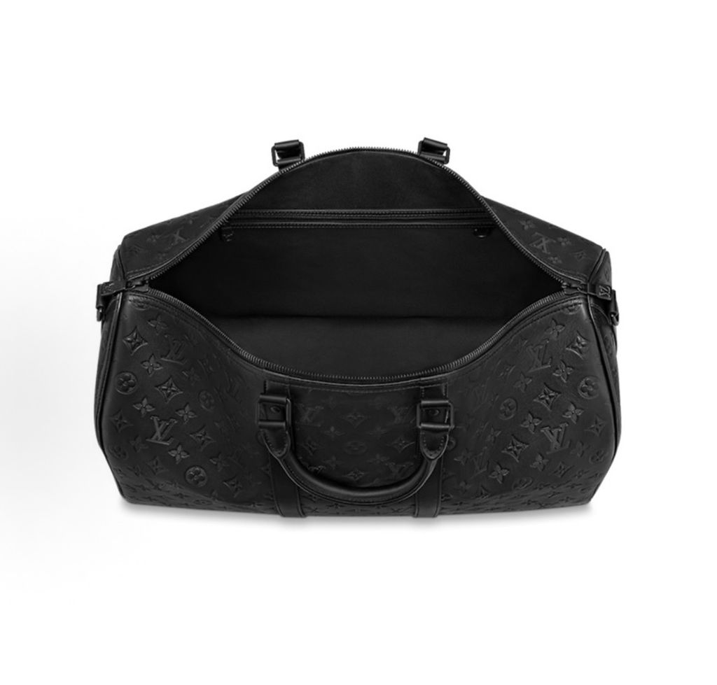 Louis Vuitton Keepall Bandoulière 50 M44810 Black Monogram Shadow leather travel bag Louis Vuitton M44810 Keepall 50 Black embossed Monogram leather weekender bag Louis Vuitton Keepall Bandoulière 50 Black M44810 matte hardware shoulder travel bag