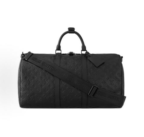 Louis Vuitton Keepall Bandoulière 50 M44810 Black Monogram Shadow leather travel bag Louis Vuitton M44810 Keepall 50 Black embossed Monogram leather weekender bag Louis Vuitton Keepall Bandoulière 50 Black M44810 matte hardware shoulder travel bag