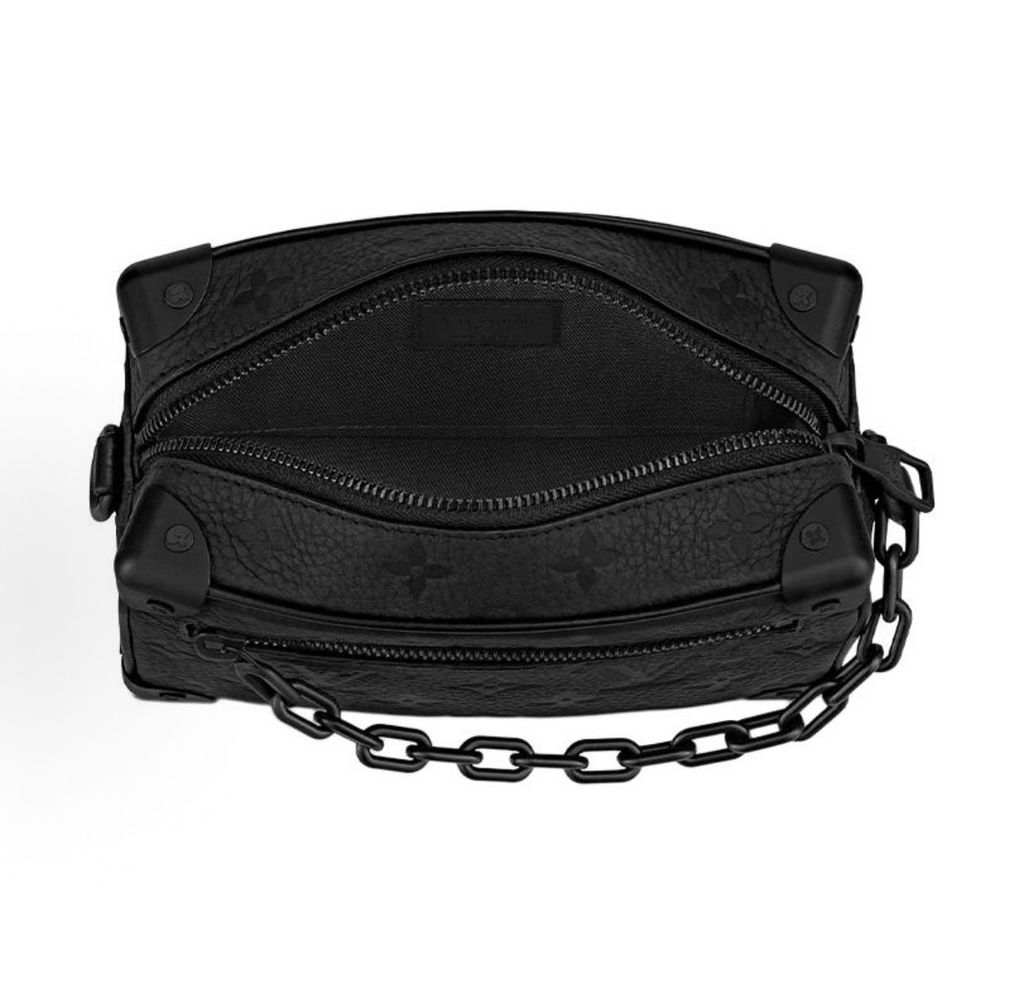 Louis Vuitton Mini Soft Trunk M55702 Black Monogram Taurillon leather Louis Vuitton M55702 Black Mini Soft Trunk embossed Monogram leather chain bag Louis Vuitton Mini Soft Trunk Black matte chain riveted corner crossbody M55702