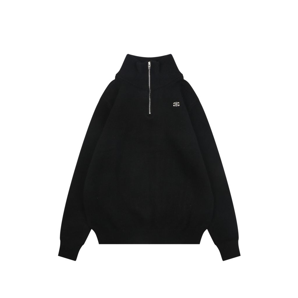 CELINE Triomphe Embroidered Half-Zip High-Neck Sweater