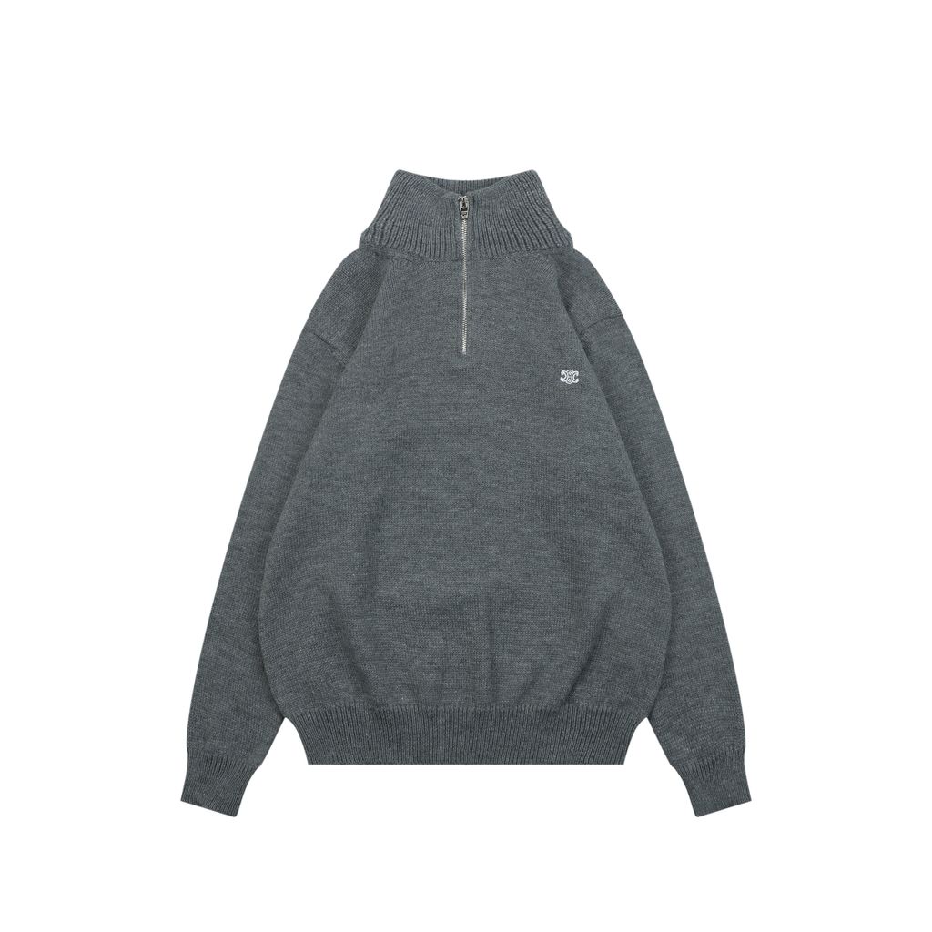 CELINE Triomphe Embroidered Half-Zip High-Neck Sweater