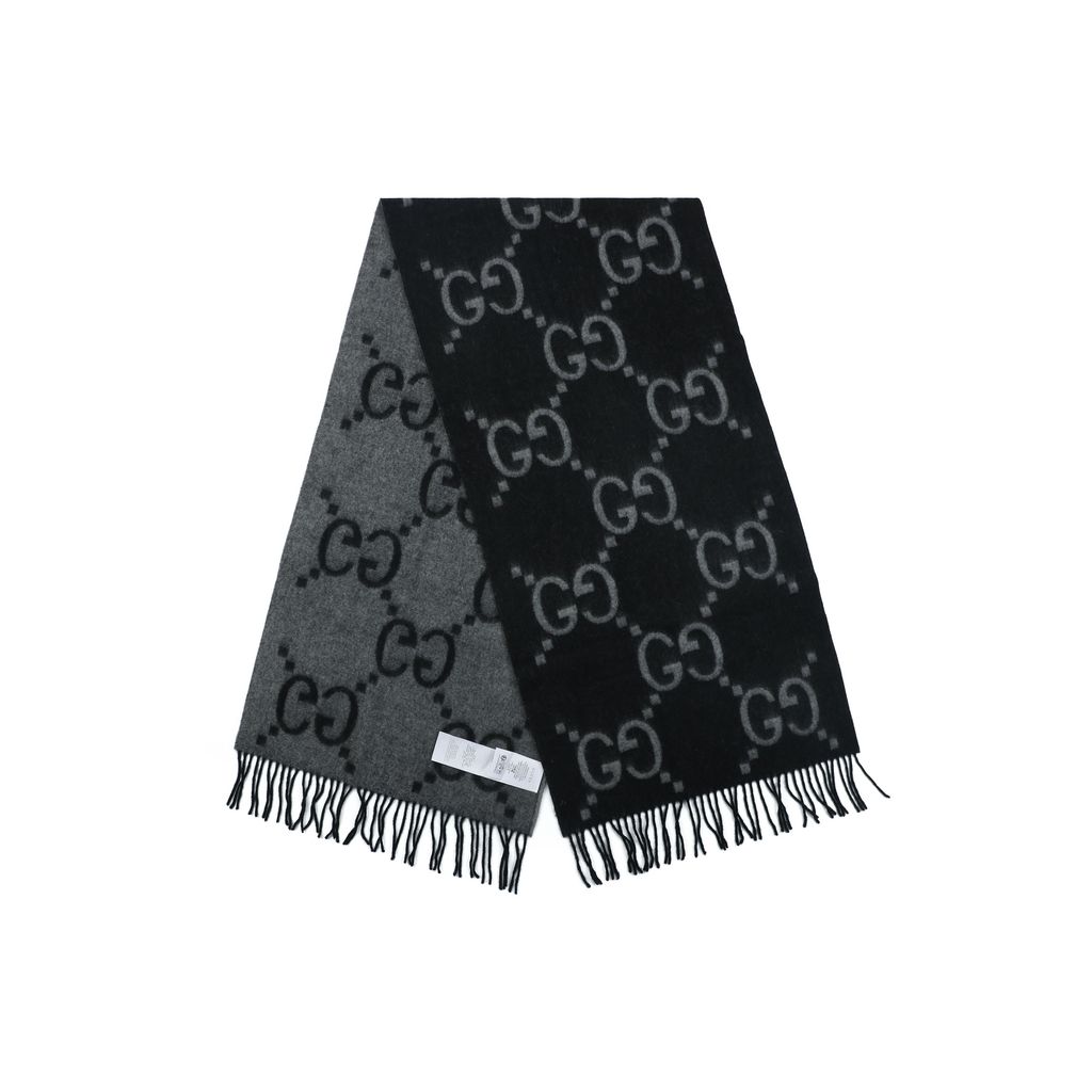 Gucci Double G GG jacquard fringed scarf 90% goat wool 10% cashmere reversible unisex winter shawl 180x45cm