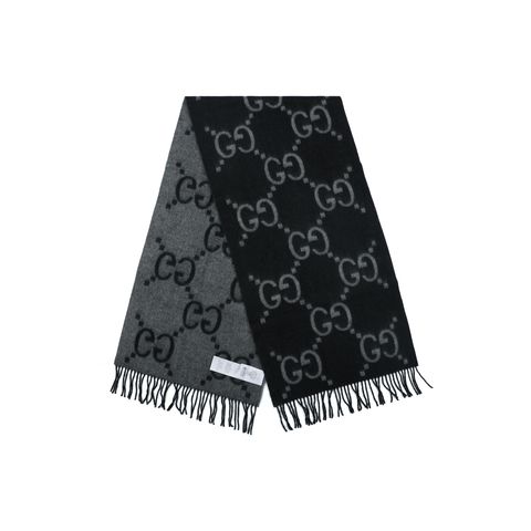 Gucci Double G GG jacquard fringed scarf 90% goat wool 10% cashmere reversible unisex winter shawl 180x45cm