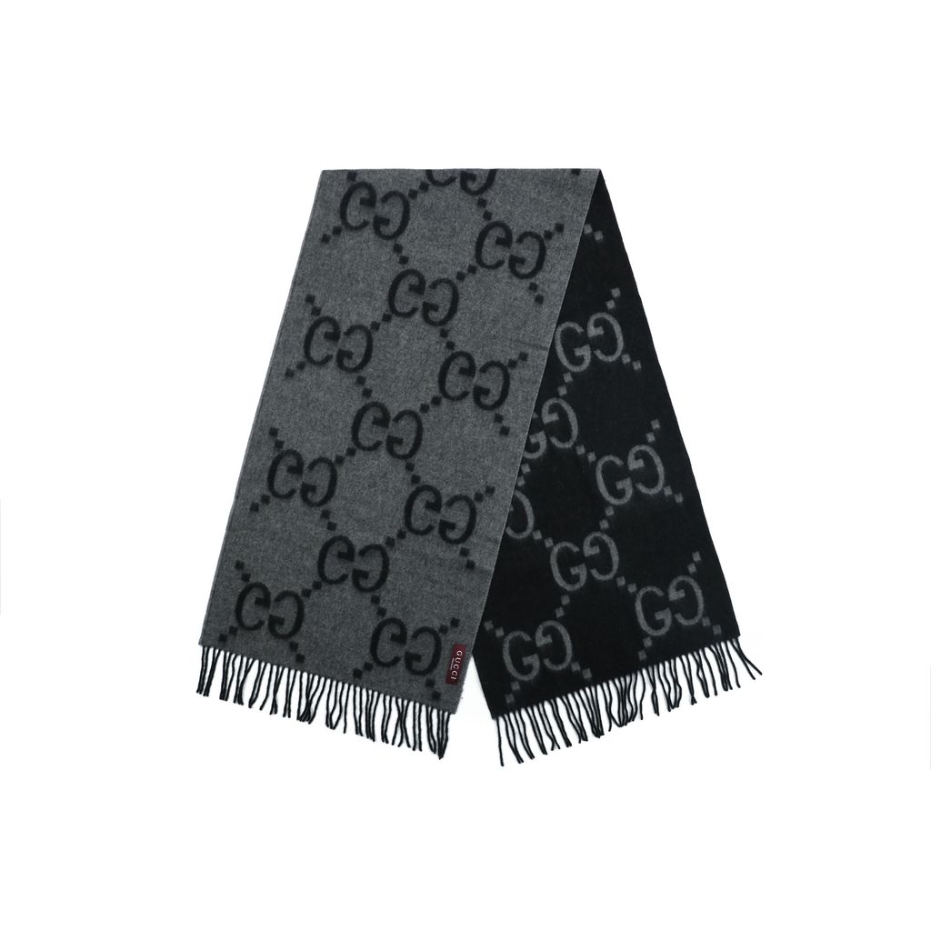 Gucci Double G GG jacquard fringed scarf 90% goat wool 10% cashmere reversible unisex winter shawl 180x45cm