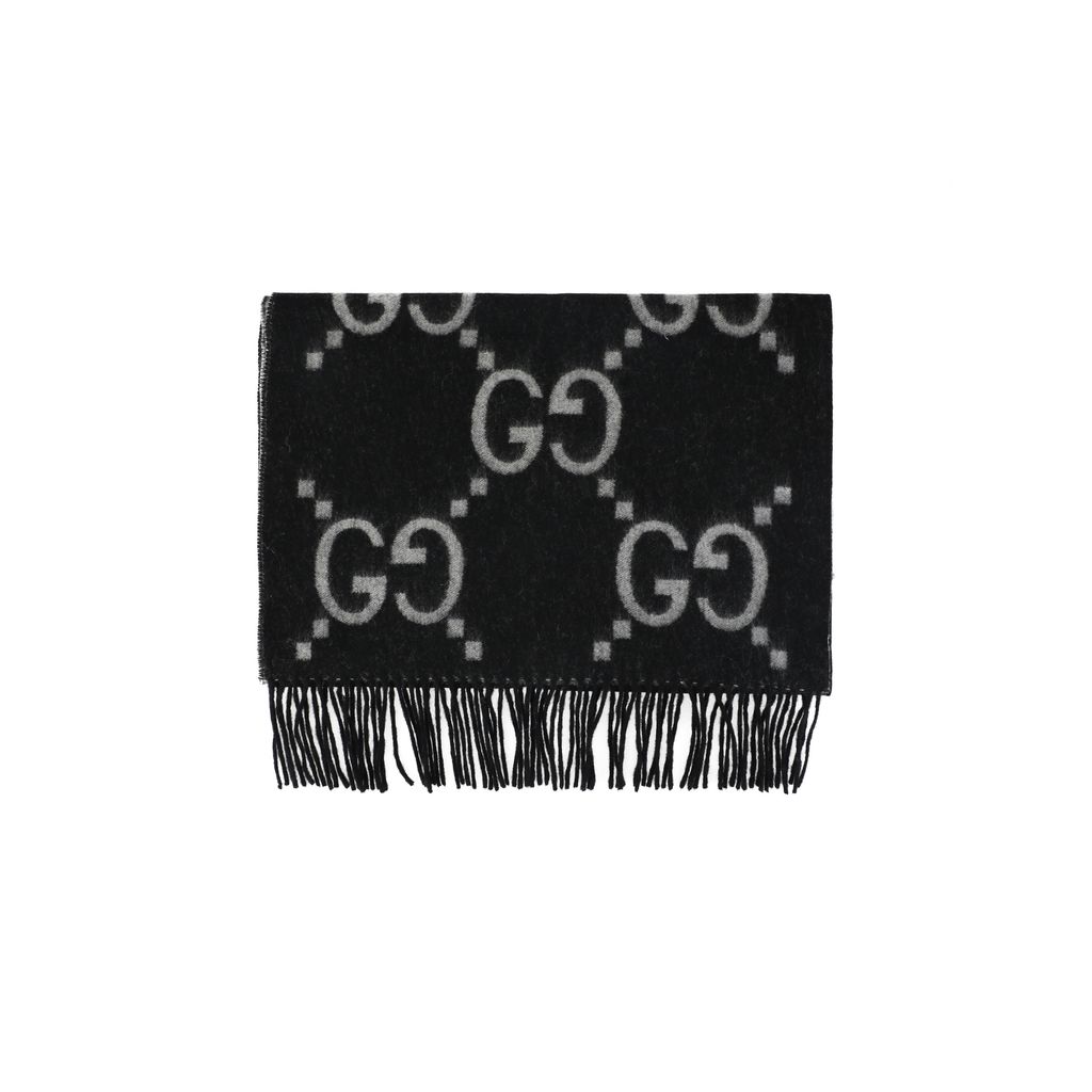 Gucci Double G GG jacquard fringed scarf 90% goat wool 10% cashmere reversible unisex winter shawl 180x45cm