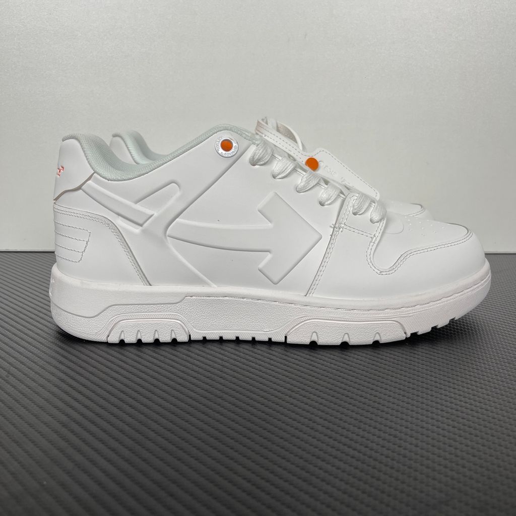 Shop Off-White Out Of Office Molded OMIA189S26MAT0010120 in White and Orange with molded TPU upper, signature Arrow motif and rubber outsole.