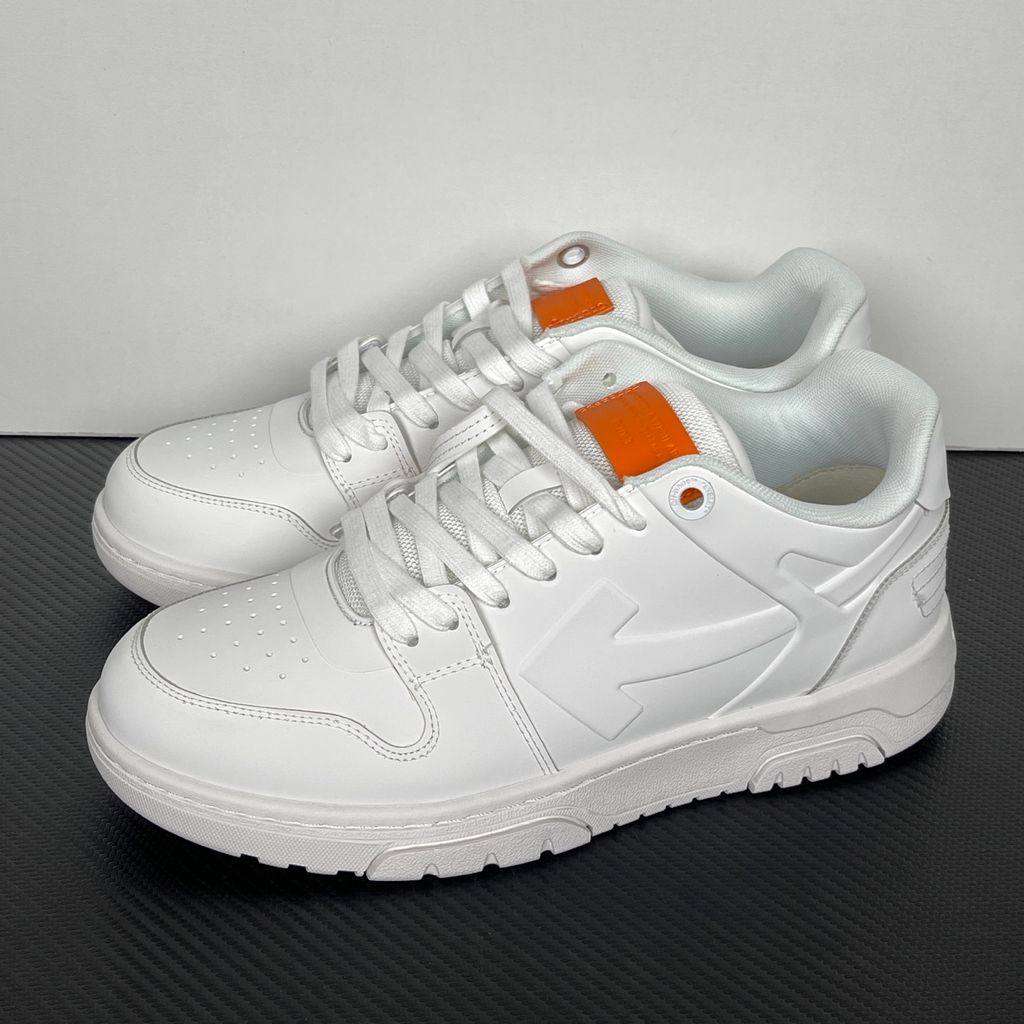 Shop Off-White Out Of Office Molded OMIA189S26MAT0010120 in White and Orange with molded TPU upper, signature Arrow motif and rubber outsole.