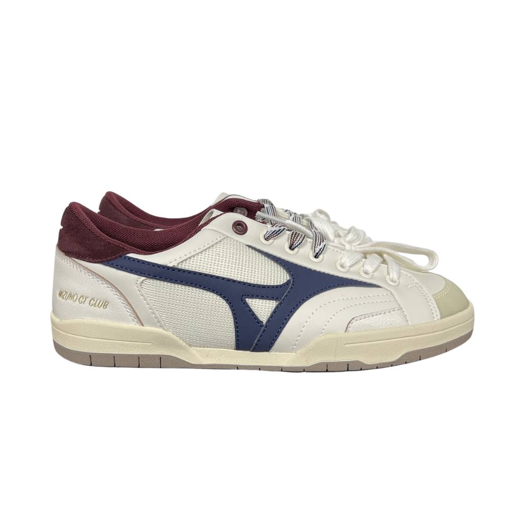 Shop Mizuno CT CLUB D1GH261010 in Light Beige, Navy and Burgundy with mixed textile and leather-based upper, retro court styling and low-top construction.