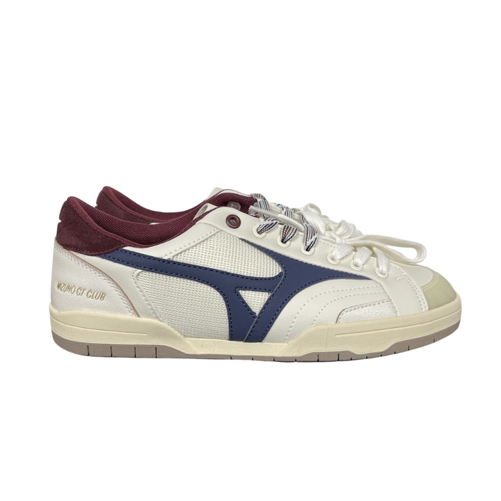 Shop Mizuno CT CLUB D1GH261010 in Light Beige, Navy and Burgundy with mixed textile and leather-based upper, retro court styling and low-top construction.