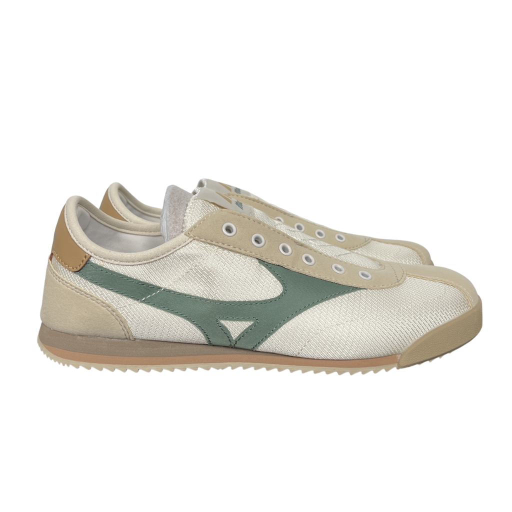 Shop Mizuno LG 60S Slip-On D1GH240212 in Off-White, Army Green and Grey with lace-free construction, retro low-profile styling and RunBird branding.
