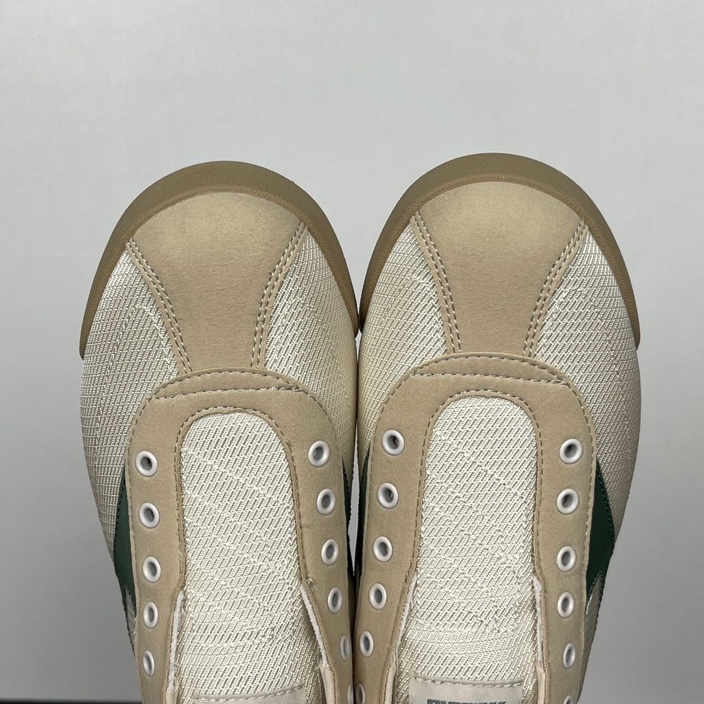 Shop Mizuno LG 60S Slip-On D1GH240212 in Off-White, Army Green and Grey with lace-free construction, retro low-profile styling and RunBird branding.