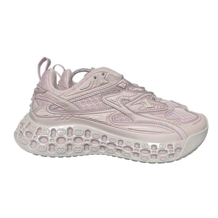 Shop Gucci Cub3d 828059 FAEBE 5744 in Light Pink Demetra and mesh with high-frequency detailing, EVA-filled TPU sole and 3D Interlocking G design.