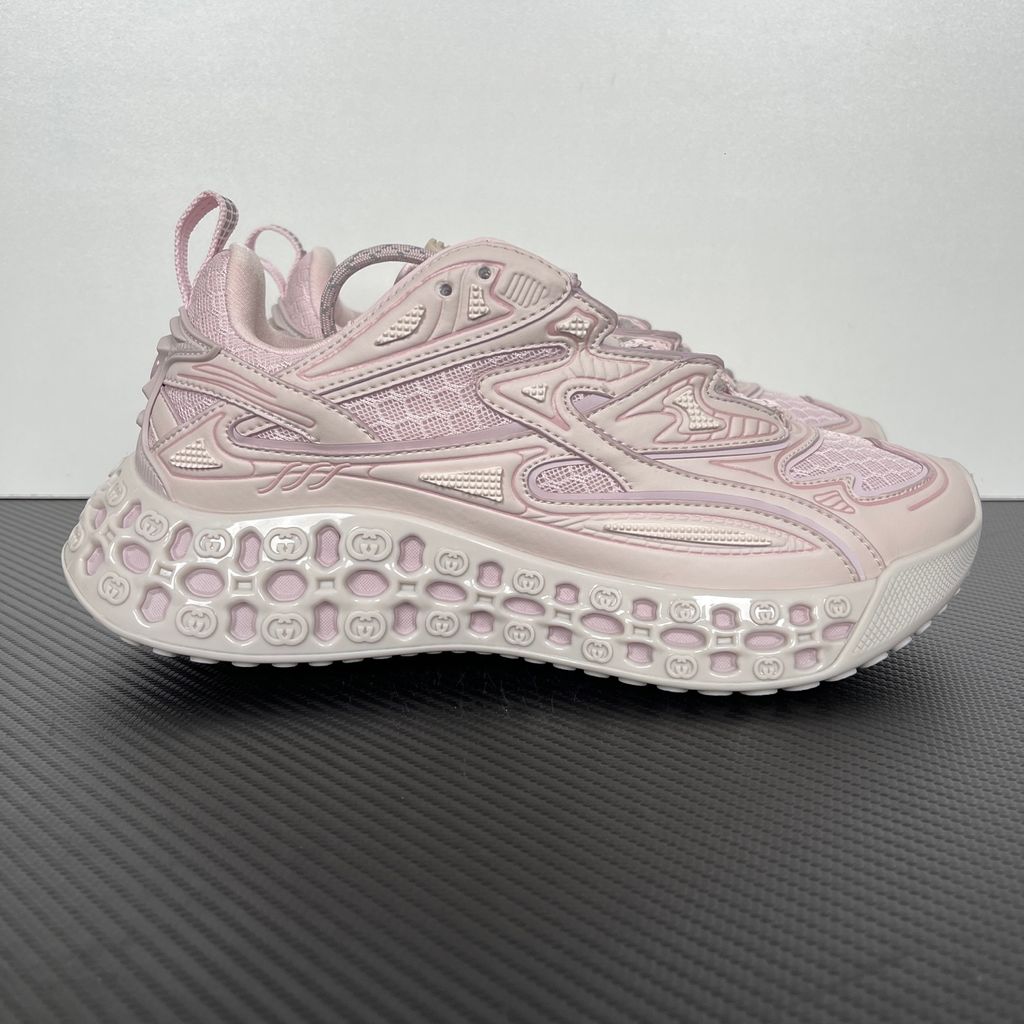 Shop Gucci Cub3d 828059 FAEBE 5744 in Light Pink Demetra and mesh with high-frequency detailing, EVA-filled TPU sole and 3D Interlocking G design.