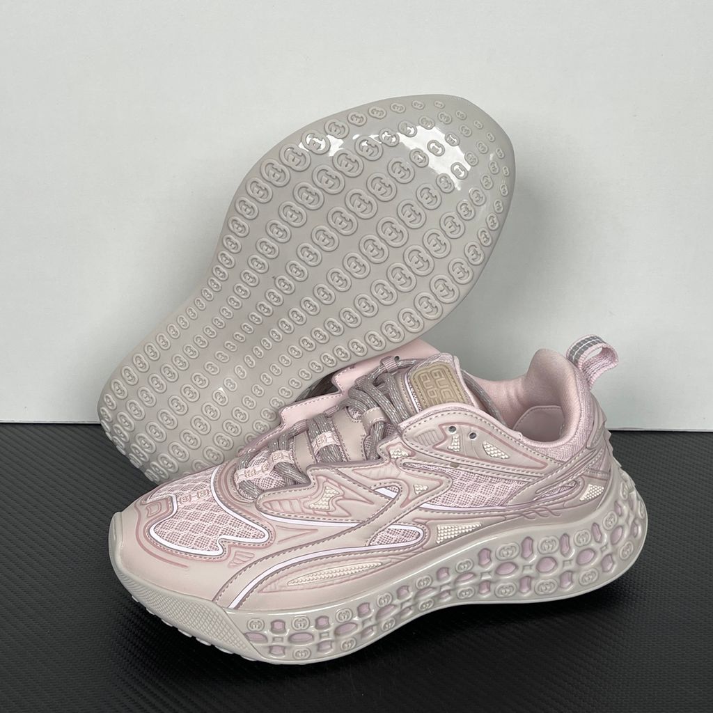 Shop Gucci Cub3d 828059 FAEBE 5744 in Light Pink Demetra and mesh with high-frequency detailing, EVA-filled TPU sole and 3D Interlocking G design.