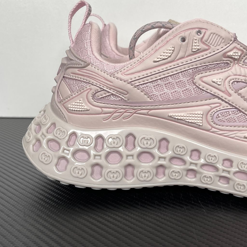 Shop Gucci Cub3d 828059 FAEBE 5744 in Light Pink Demetra and mesh with high-frequency detailing, EVA-filled TPU sole and 3D Interlocking G design.