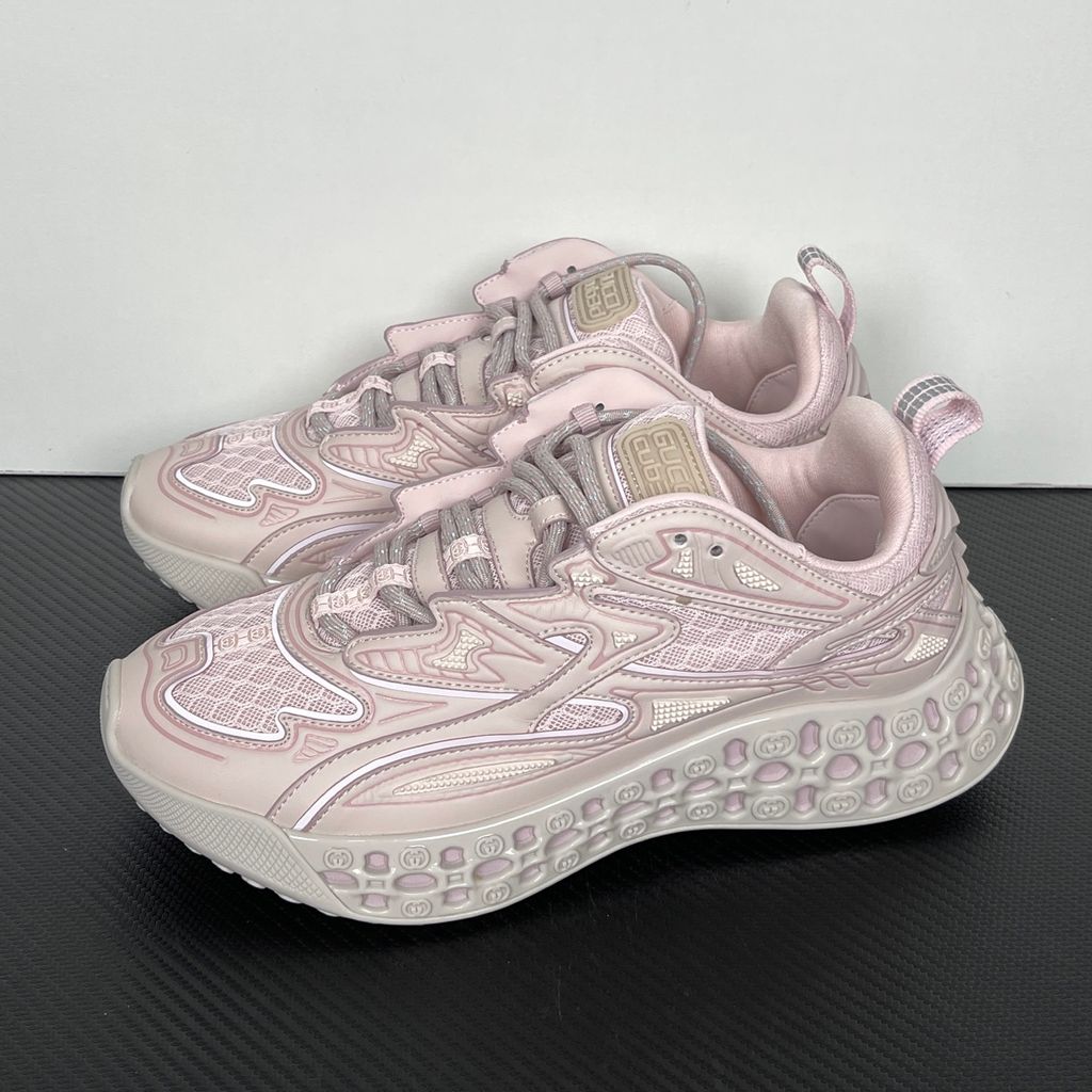 Shop Gucci Cub3d 828059 FAEBE 5744 in Light Pink Demetra and mesh with high-frequency detailing, EVA-filled TPU sole and 3D Interlocking G design.