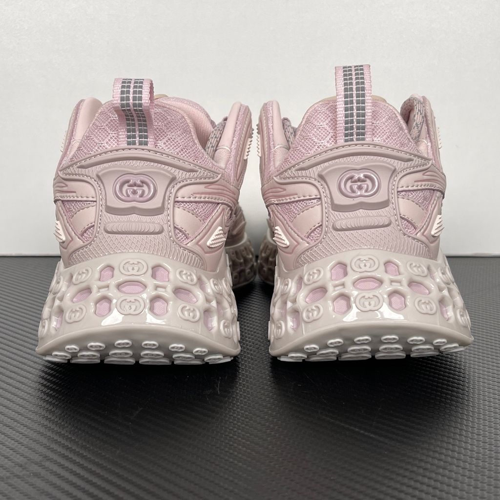 Shop Gucci Cub3d 828059 FAEBE 5744 in Light Pink Demetra and mesh with high-frequency detailing, EVA-filled TPU sole and 3D Interlocking G design.