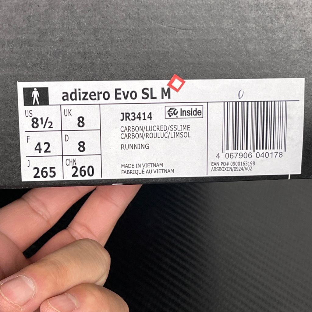 adidas Adizero EVO SL JR3414 Carbon Lucid Red Solar Slime Running Shoes