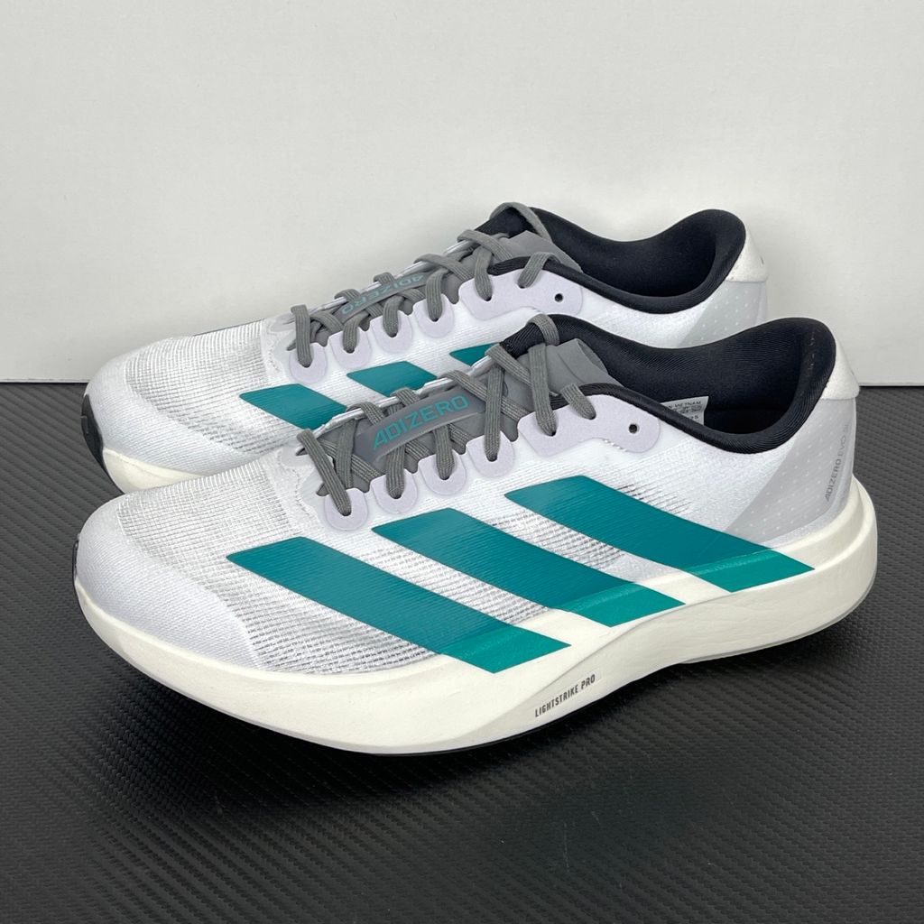 Shop adidas Adizero EVO SL JS4487 in Cloud White, Pure Teal and Grey Four with LIGHTSTRIKE PRO cushioning, lightweight 224 g build and 6 mm drop.