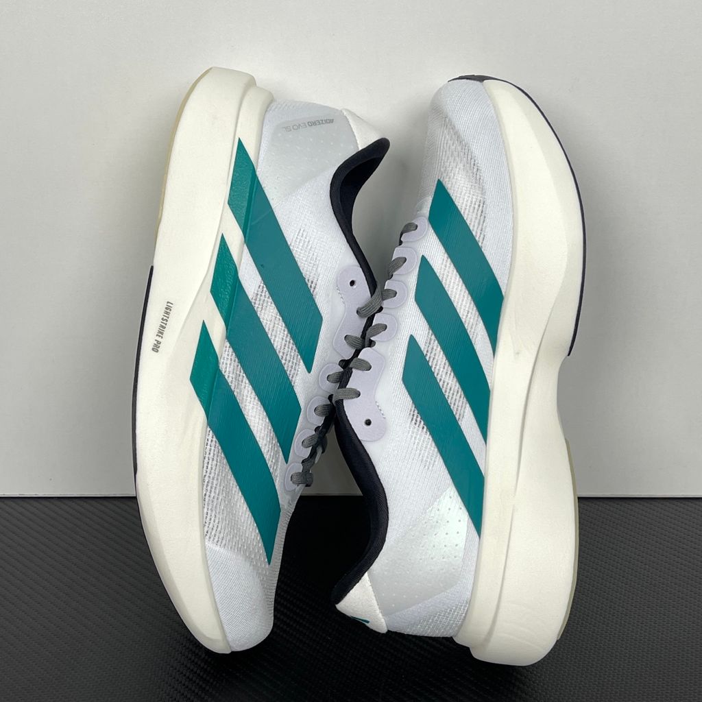 Shop adidas Adizero EVO SL JS4487 in Cloud White, Pure Teal and Grey Four with LIGHTSTRIKE PRO cushioning, lightweight 224 g build and 6 mm drop.