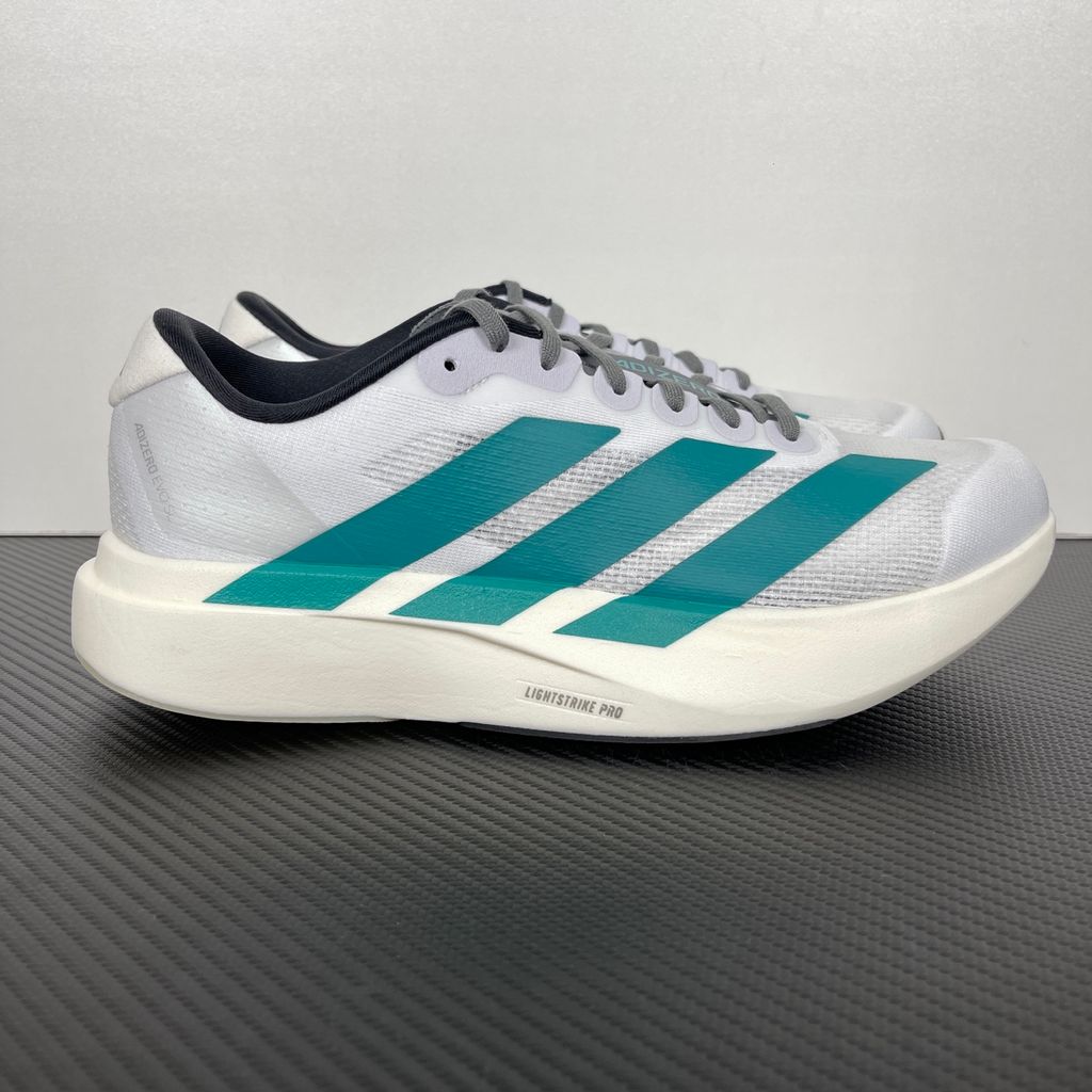 Shop adidas Adizero EVO SL JS4487 in Cloud White, Pure Teal and Grey Four with LIGHTSTRIKE PRO cushioning, lightweight 224 g build and 6 mm drop.