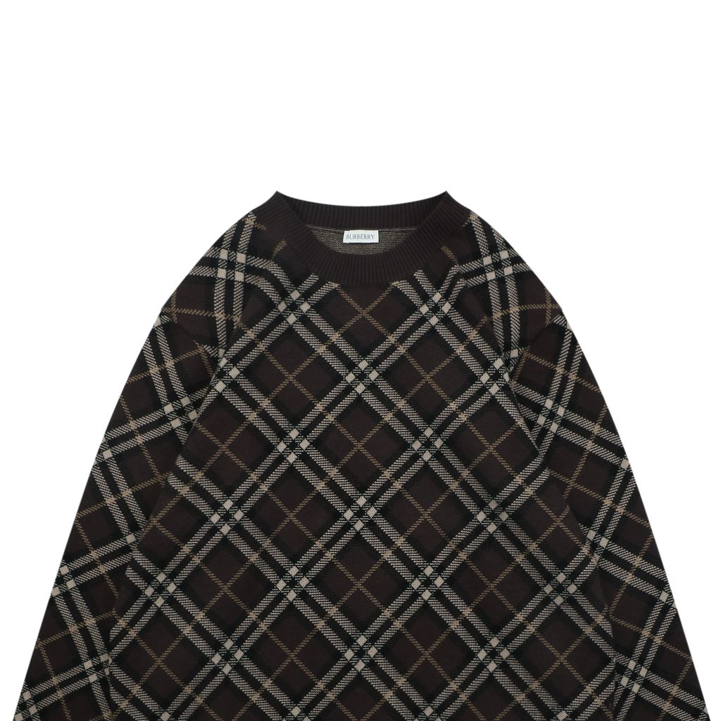 Burberry brown diagonal check crew neck sweater blended knit relaxed fit jacquard pullover unisex knitwear S-XXL