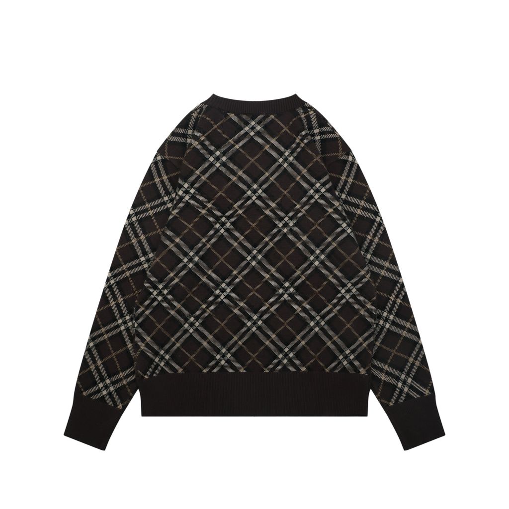 Burberry brown diagonal check crew neck sweater blended knit relaxed fit jacquard pullover unisex knitwear S-XXL
