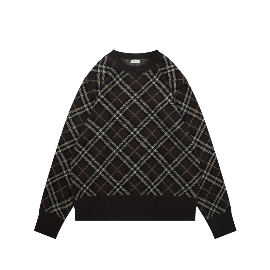 Burberry brown diagonal check crew neck sweater blended knit relaxed fit jacquard pullover unisex knitwear S-XXL