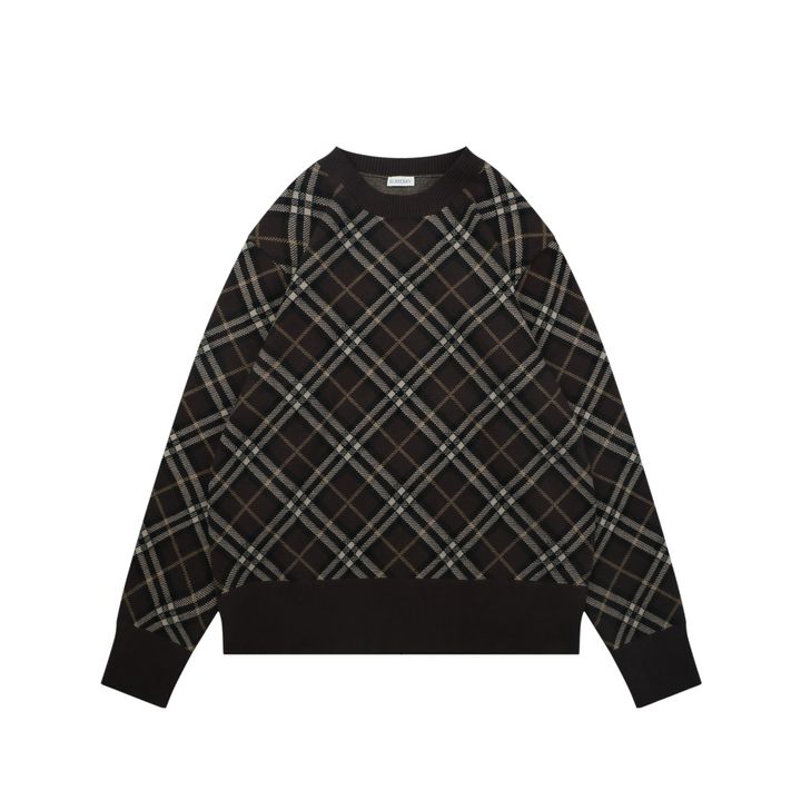 Burberry brown diagonal check crew neck sweater blended knit relaxed fit jacquard pullover unisex knitwear S-XXL