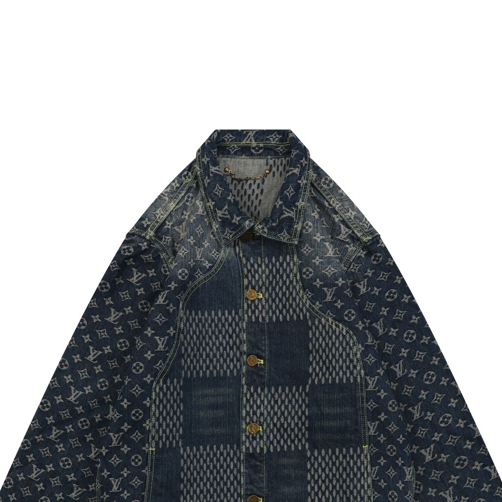 Louis Vuitton Monogram Giant Damier patchwork denim jacket washed jacquard distressed hardware deconstructed designer outerwear sizes 46-52