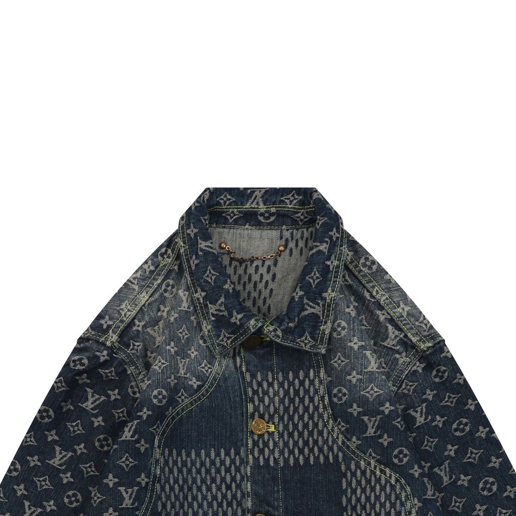 Louis Vuitton Monogram Giant Damier patchwork denim jacket washed jacquard distressed hardware deconstructed designer outerwear sizes 46-52