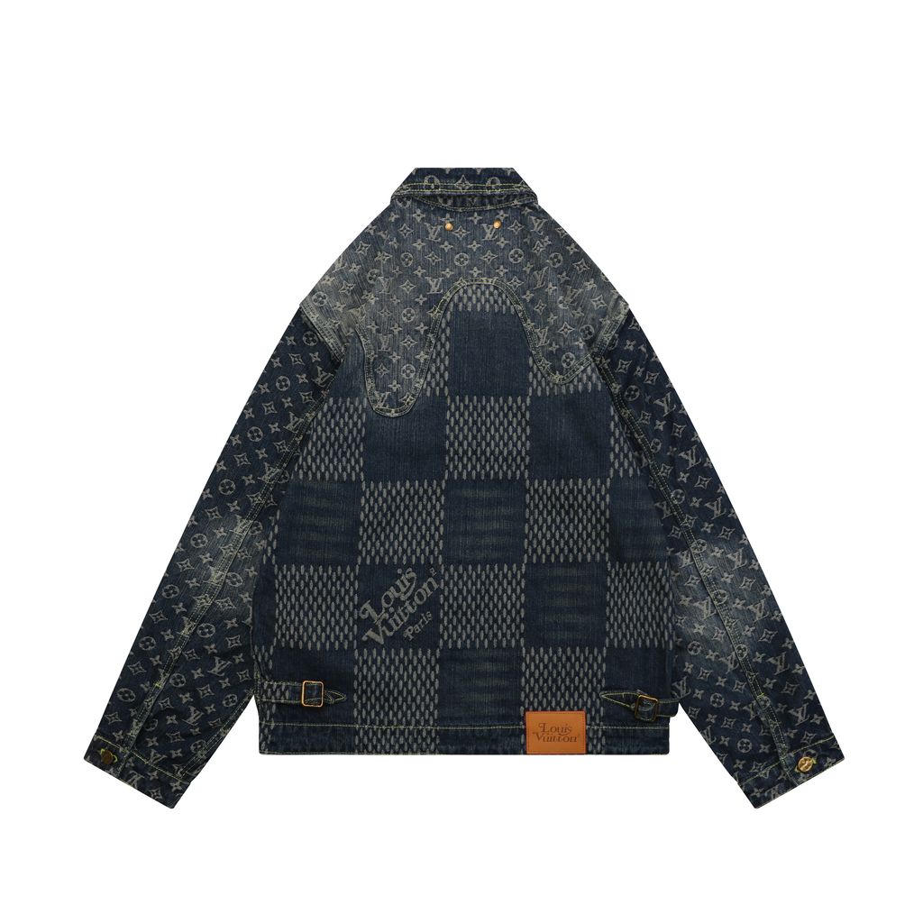 Louis Vuitton Monogram Giant Damier patchwork denim jacket washed jacquard distressed hardware deconstructed designer outerwear sizes 46-52