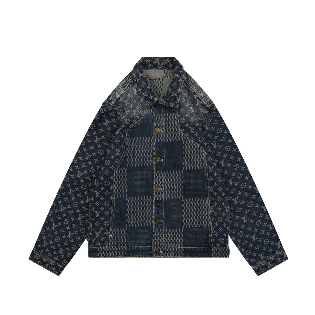 Louis Vuitton Monogram Giant Damier patchwork denim jacket washed jacquard distressed hardware deconstructed designer outerwear sizes 46-52