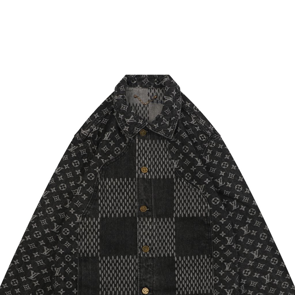 Louis Vuitton Monogram Giant Damier patchwork denim jacket washed jacquard distressed hardware deconstructed designer outerwear sizes 46-52