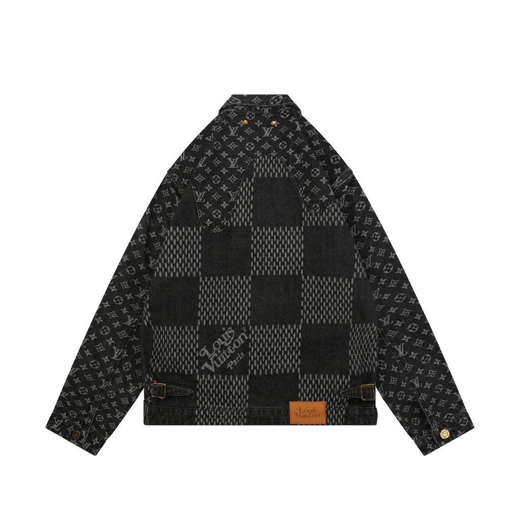Louis Vuitton Monogram Giant Damier patchwork denim jacket washed jacquard distressed hardware deconstructed designer outerwear sizes 46-52
