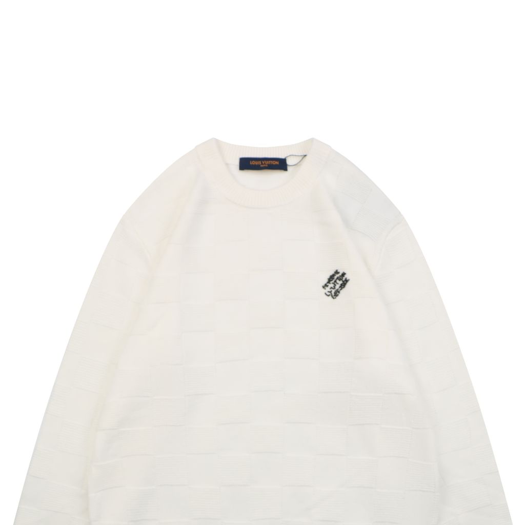 Louis Vuitton beaded letter Damier crew neck sweater beige blended knit relaxed fit jacquard pullover designer knitwear S-XXL