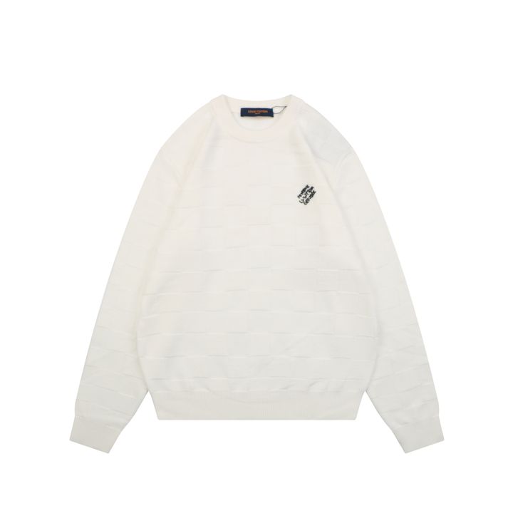 Louis Vuitton beaded letter Damier crew neck sweater beige blended knit relaxed fit jacquard pullover designer knitwear S-XXL