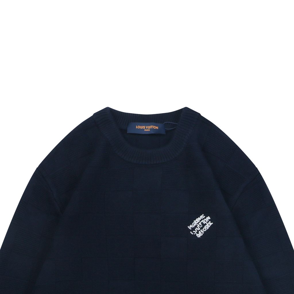 Louis Vuitton beaded letter Damier crew neck sweater navy blended knit relaxed fit jacquard pullover designer knitwear S-XXL