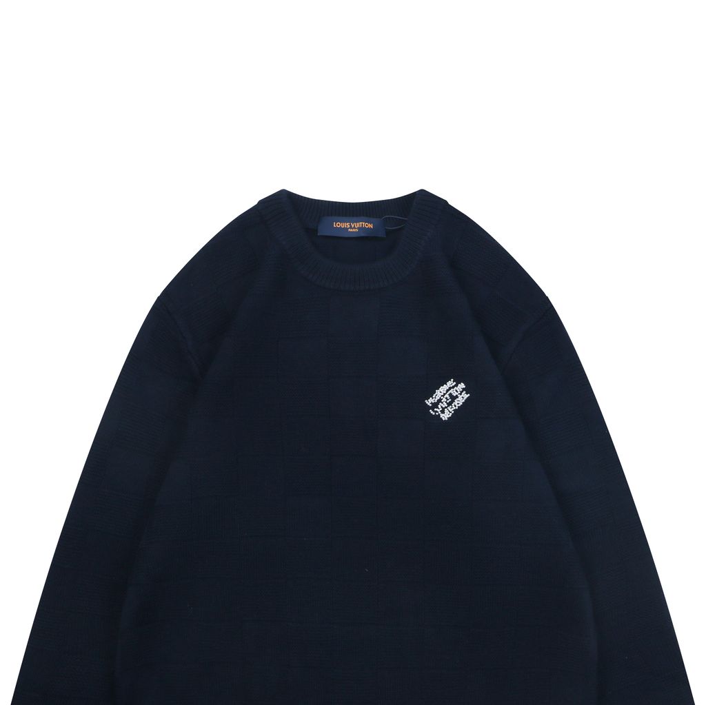 Louis Vuitton beaded letter Damier crew neck sweater navy blended knit relaxed fit jacquard pullover designer knitwear S-XXL