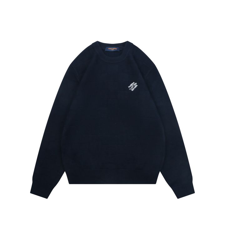 Louis Vuitton beaded letter Damier crew neck sweater navy blended knit relaxed fit jacquard pullover designer knitwear S-XXL