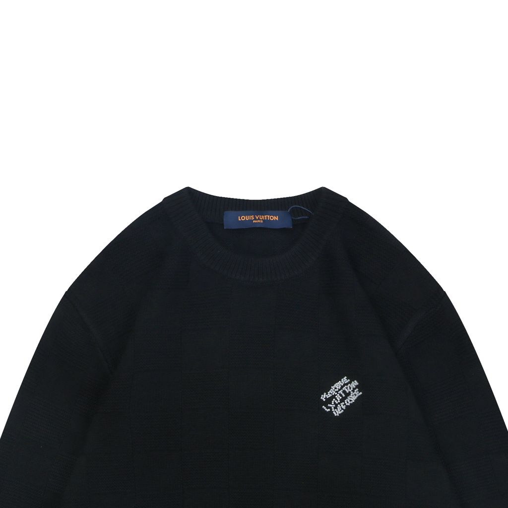 Louis Vuitton beaded letter Damier crew neck sweater black blended knit relaxed fit jacquard pullover designer knitwear S-XXL