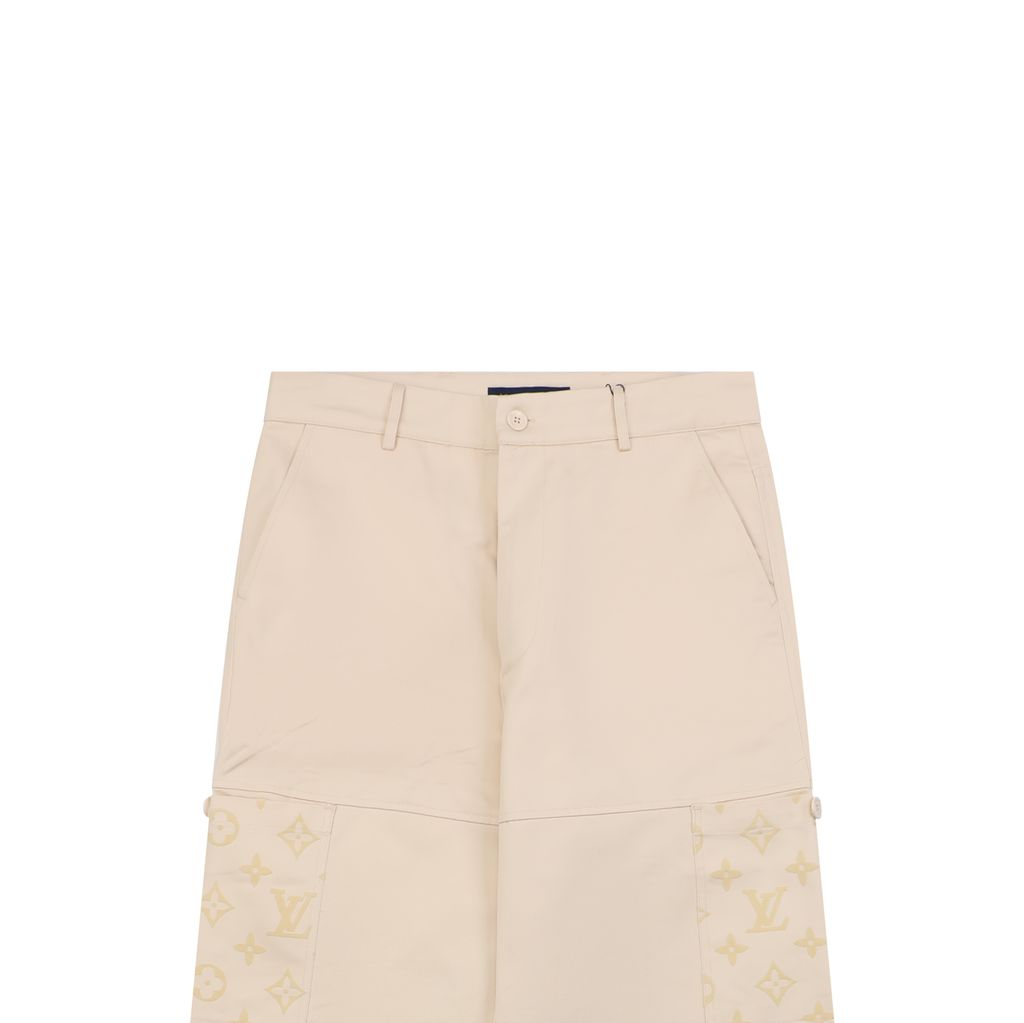 Louis Vuitton Monogram flocked patchwork trousers woven twill pants polyester flocking contrast cotton lining engraved stud designer pants sizes 46-52
